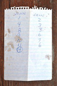 The 30-year old note shows my canoeing partner, John Nerness, finished next to last, while I took second place in this Pitch game.
