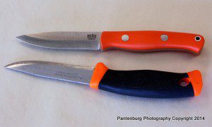 The Bark River Liten Bror, top, is a Scandinavian-design bushcraft knife. It is very similar to my long-used, sometimes abused Mora 860.