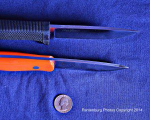 The Bushcrafter's blade thickness, bottom, is comparable to that of the Cold Steel Master Hunter, and is a good, useable size. The Bushcrafter's blade thickness, bottom, is comparable to that of the Cold Steel Master Hunter, and is a good, useable size.